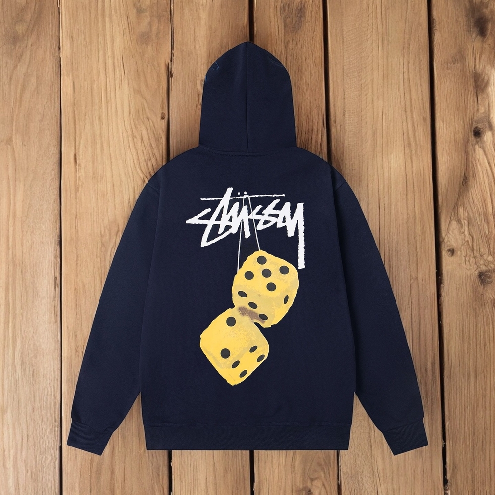 Stussy Navy Hoodie with Yellow Dice Graphic